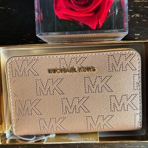 Michael Kors Rose Gold Perforated MK Zip Wallet